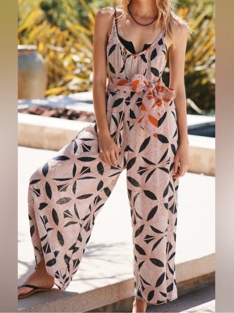 Anthropologie Orange and Blue Geometric Wide-Leg Jumpsuit